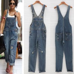 Salopette jeans pour femme trouée