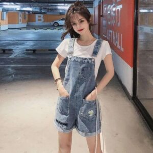 salopette short femme denim détail bretelles