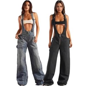 Salopette jean femme ultra-décolletée couleurs