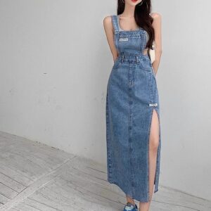 Robe salopette en jean femme de face