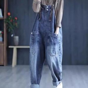 salopette jean femme bleue large button style variante