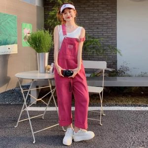 salopette jean rose de face