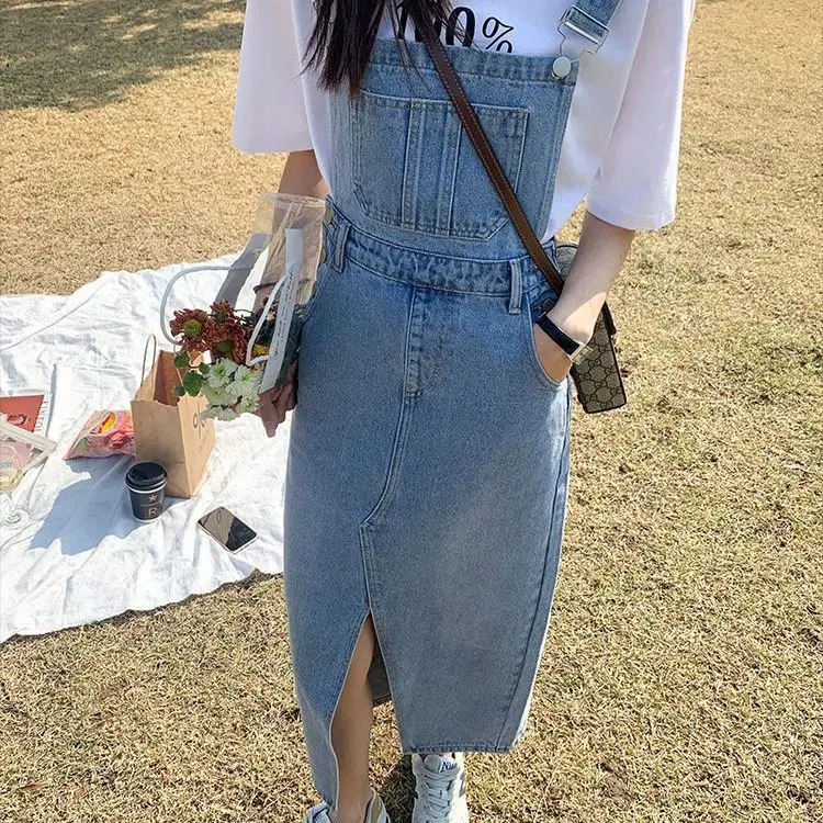 robe salopette en jean longue détail buste