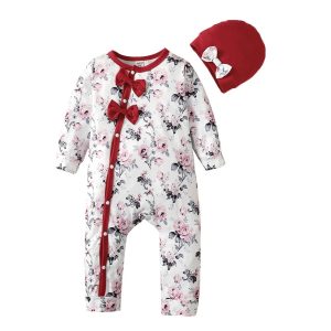 salopette bébé florale à nœuds rouges