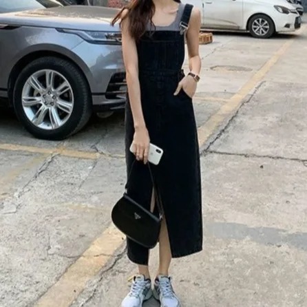 robe salopette en jean longue noire