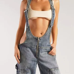salopette jean femme ultra décolletée de face détails