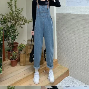 salopette jeans pour femme bretelles marrons de profil