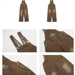 salopette large femme motif hamburger marron détails