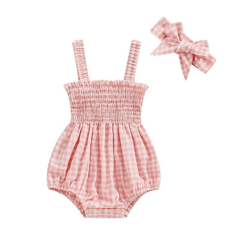 salopette bebe coton à carreaux rose