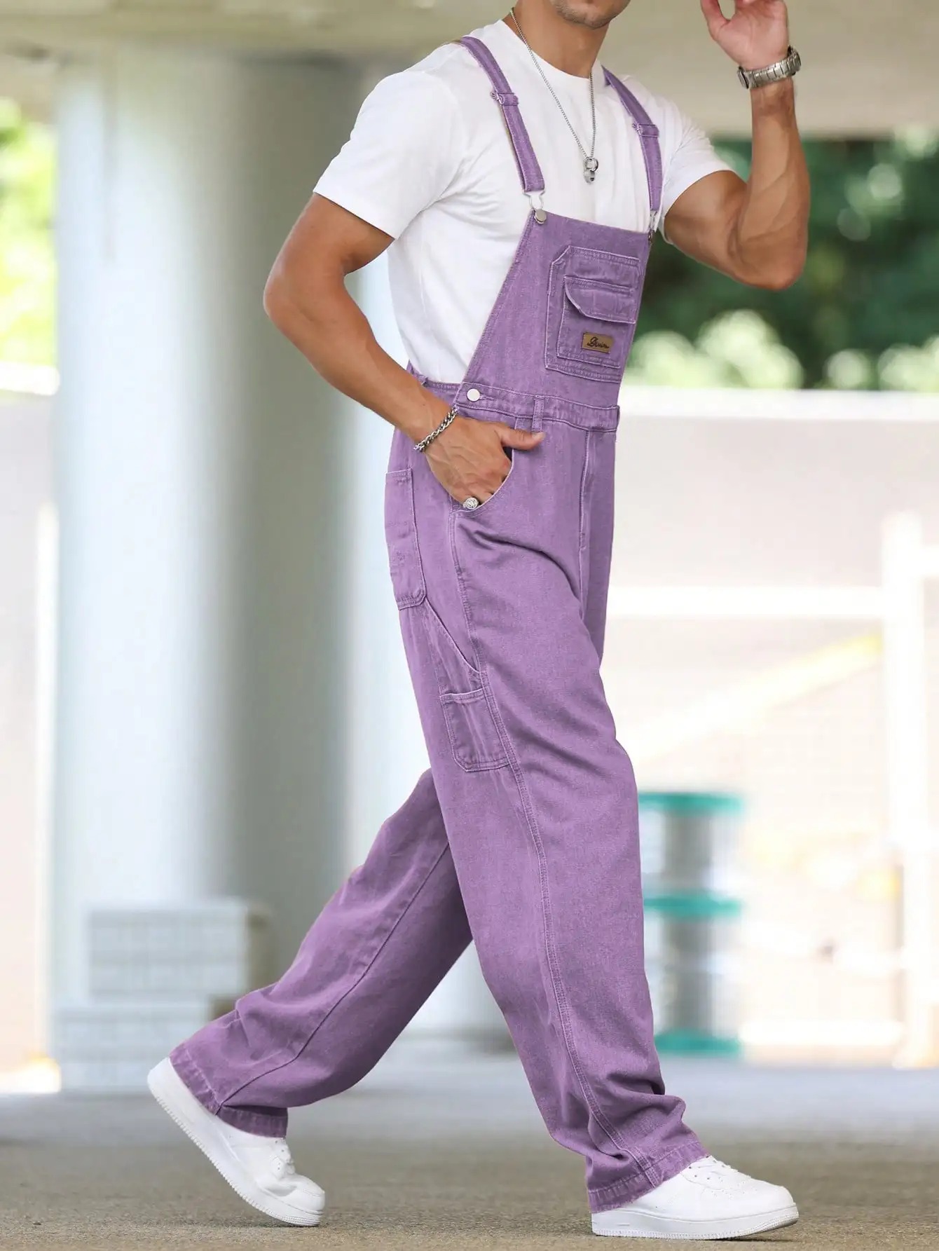 Salopette jean grande taille violet de profil