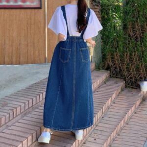 jupe salopette jean femme bleue de dos