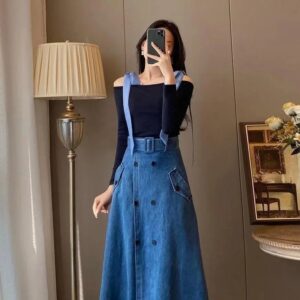 ensemble jupe salopette jean imitation bretelles