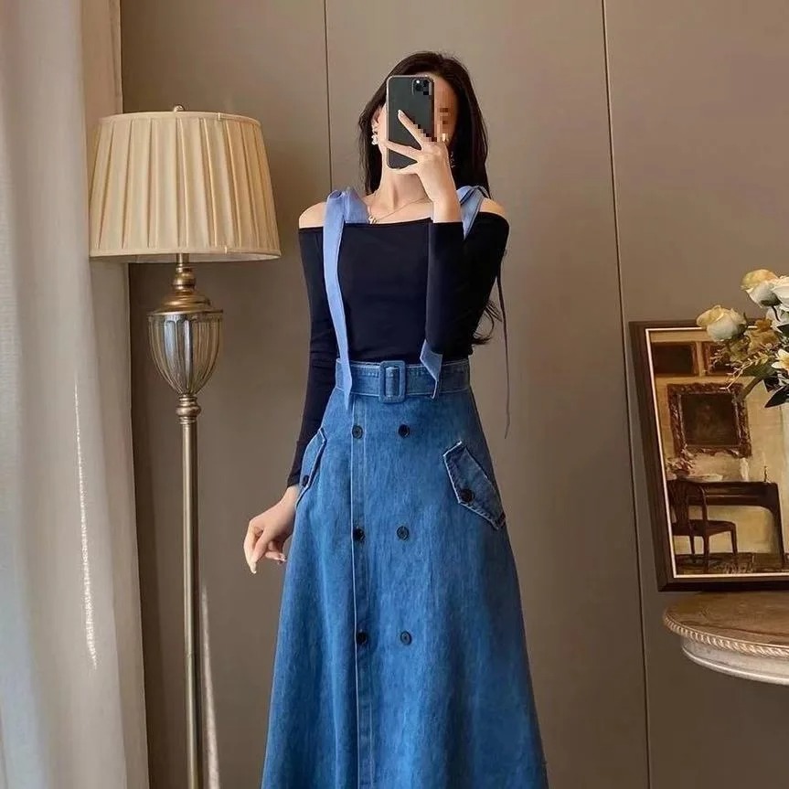 ensemble jupe salopette jean imitation bretelles